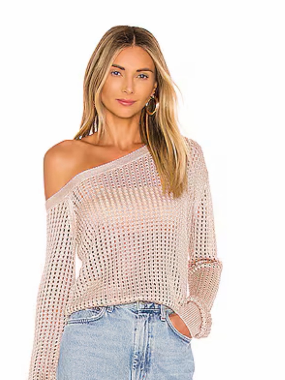 LPA Leo Metallic Crochet Off-the-Shoulder Top in Blush, size s